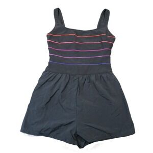 Vtg 80s Gabar One-Piece Swimsuit 14 Black Neon Piping Romper Built in Bra USA